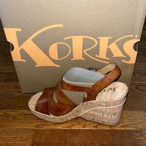 Korks Brigitte Cork Wedge Sandals Dark Tan Distressed Women’s Size 9 EU 39-40